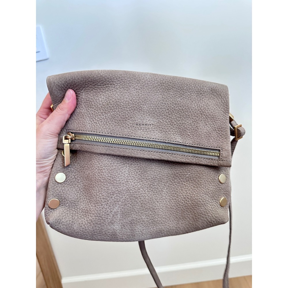 Hammitt VIP Medium Crossbody Bag Grey Pebbled Leather Gold Hardware Foldover